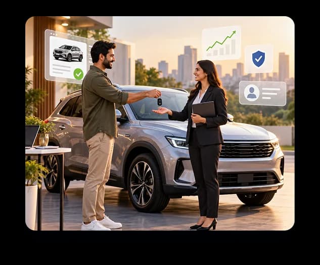 A seller handing car keys to a consignment provider beside an SUV