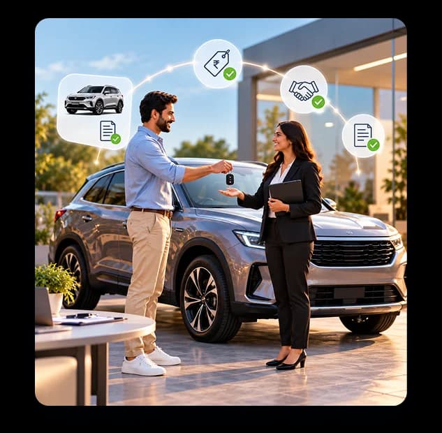 A seller handing over car keys beside an SUV