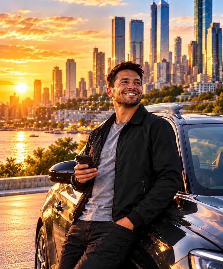 Smiling driver leaning on his car with a city skyline at sunset