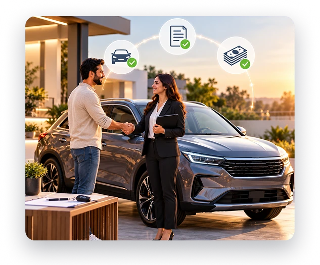 A seller and buyer shaking hands beside an SUV