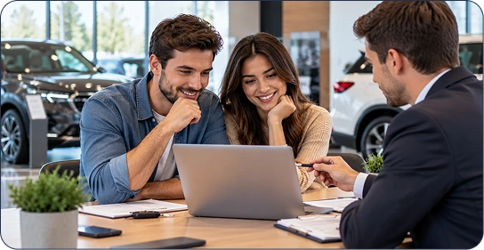 A couple reviewing a payment estimate with a finance advisor