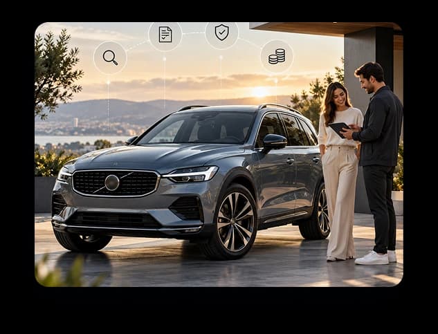 A couple reviewing trade-in details beside an SUV