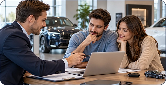 A couple reviewing finance terms with an advisor at a dealership